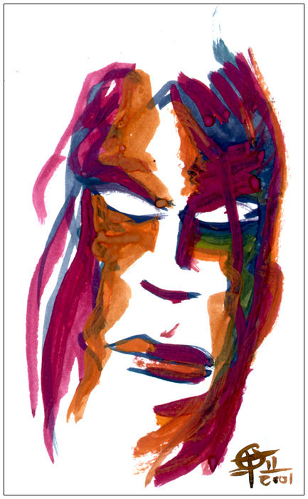 Portrait made with purple, blue, green and orange paints on white paper, depicting a stylized human face.