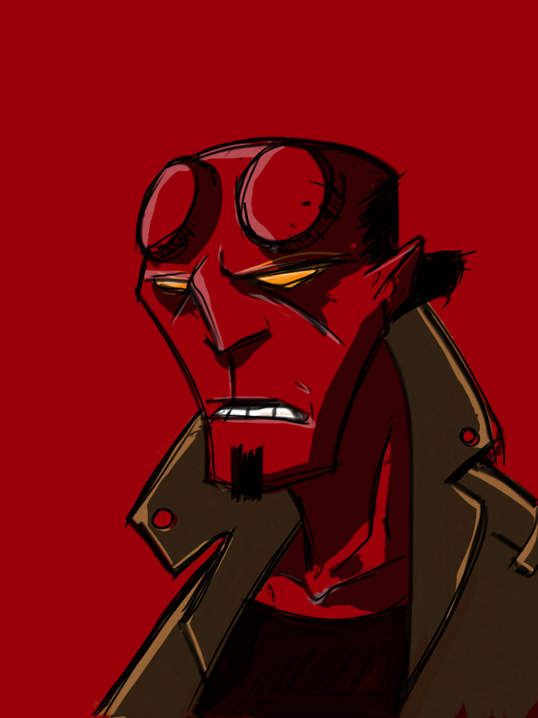 Type sketch. Portrait of the hellboy character done in solid colors, red on red.