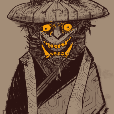 Digital painting. Yokai with bright yellow eyes and huge teeth, dressed like a Buddhist monk.