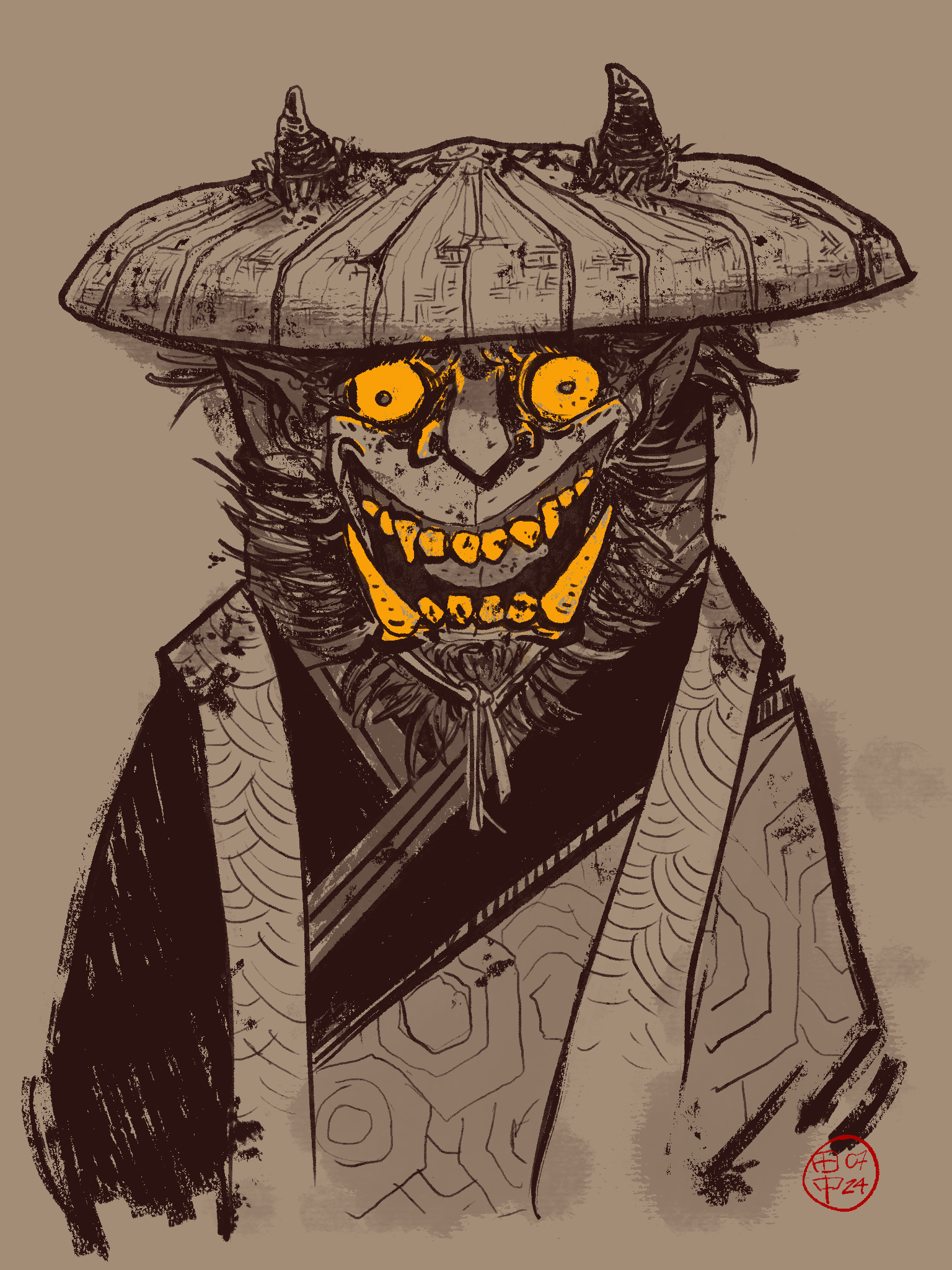 Digital painting. Yokai with bright yellow eyes and huge teeth, dressed like a Buddhist monk.