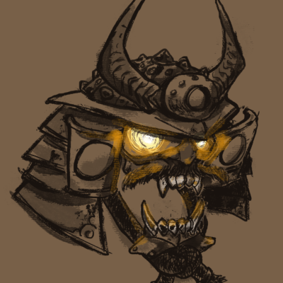 Digital painting. Empty samurai helmet with an open mouth and bright lights where the eyes should be.