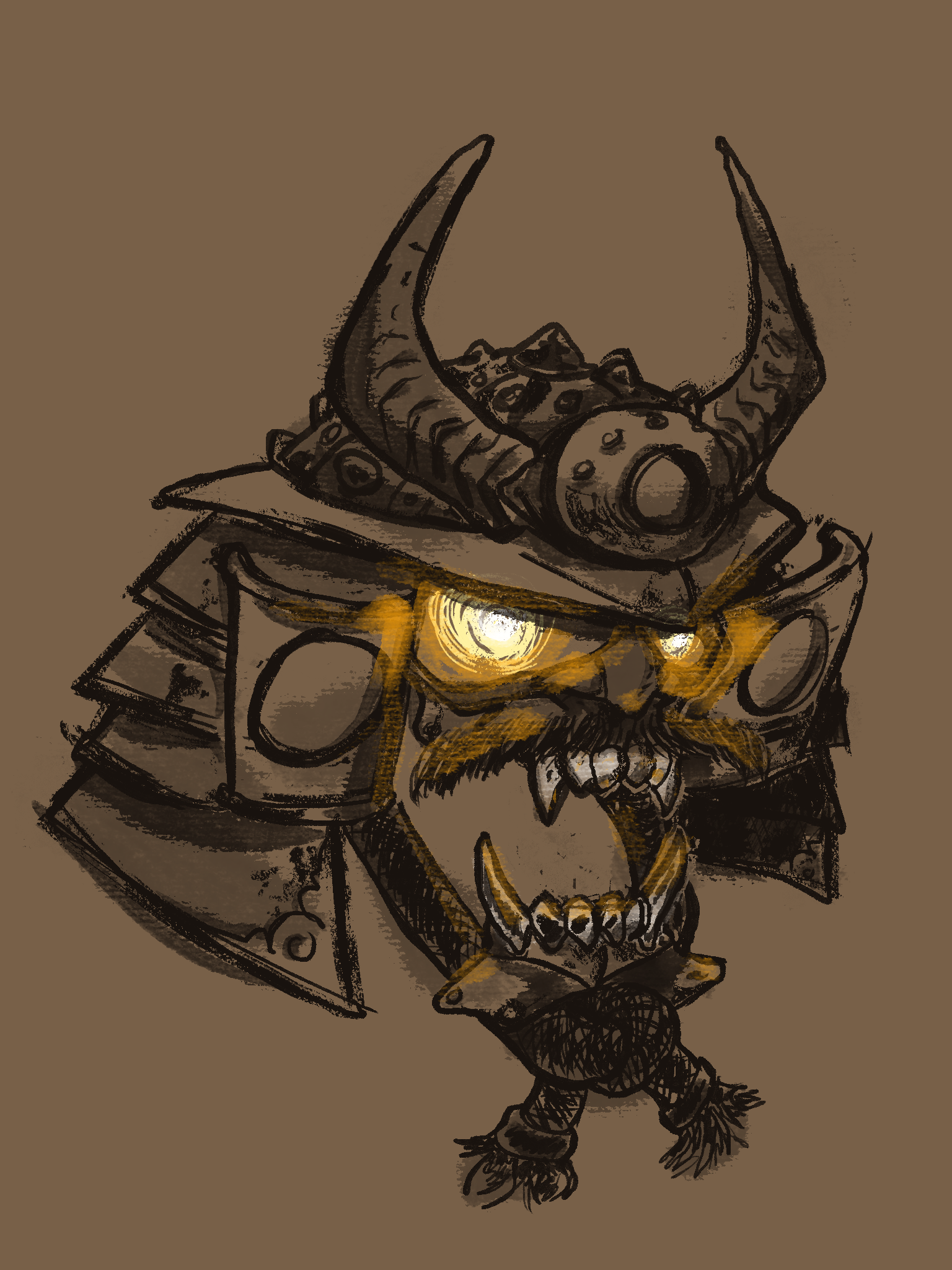 Digital painting. Empty samurai helmet with an open mouth and bright lights where the eyes should be.