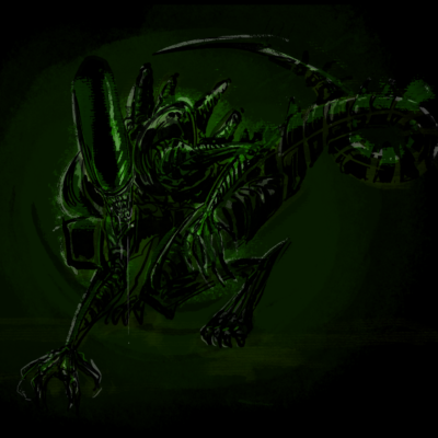 Digital painting. Sketch of a xenomorph, mostly in black, with nuances of green and white.