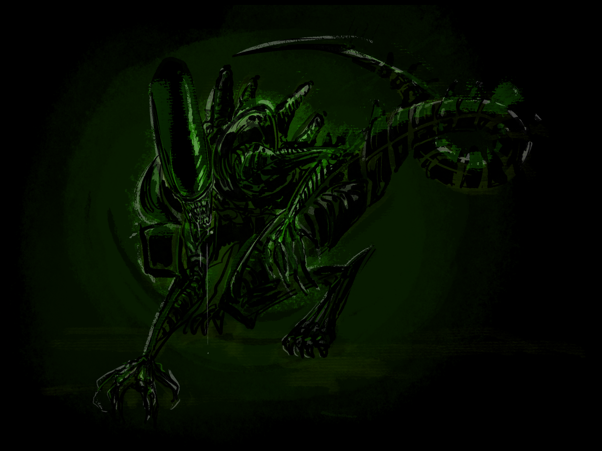 Digital painting. Sketch of a xenomorph, mostly in black, with nuances of green and white.