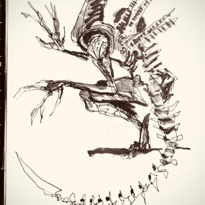 sketch of the creature from the movie Alien, made with black pens on white paper. The lines are very loose and noisy, and the figure is more stylized.