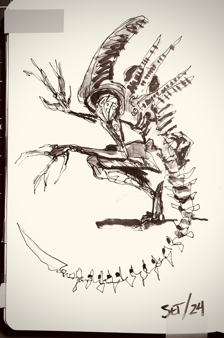 sketch of the creature from the movie Alien, made with black pens on white paper. The lines are very loose and noisy, and the figure is more stylized.