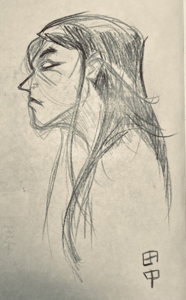 Portrait of a woman in profile, with long black hair and no pupils in her eyes. Done in black pencil on white paper.