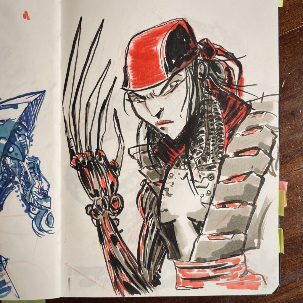 Sketch of the torso of the character Lady Deathstrike, made with sepia and red markers, plus black ink, on white paper.