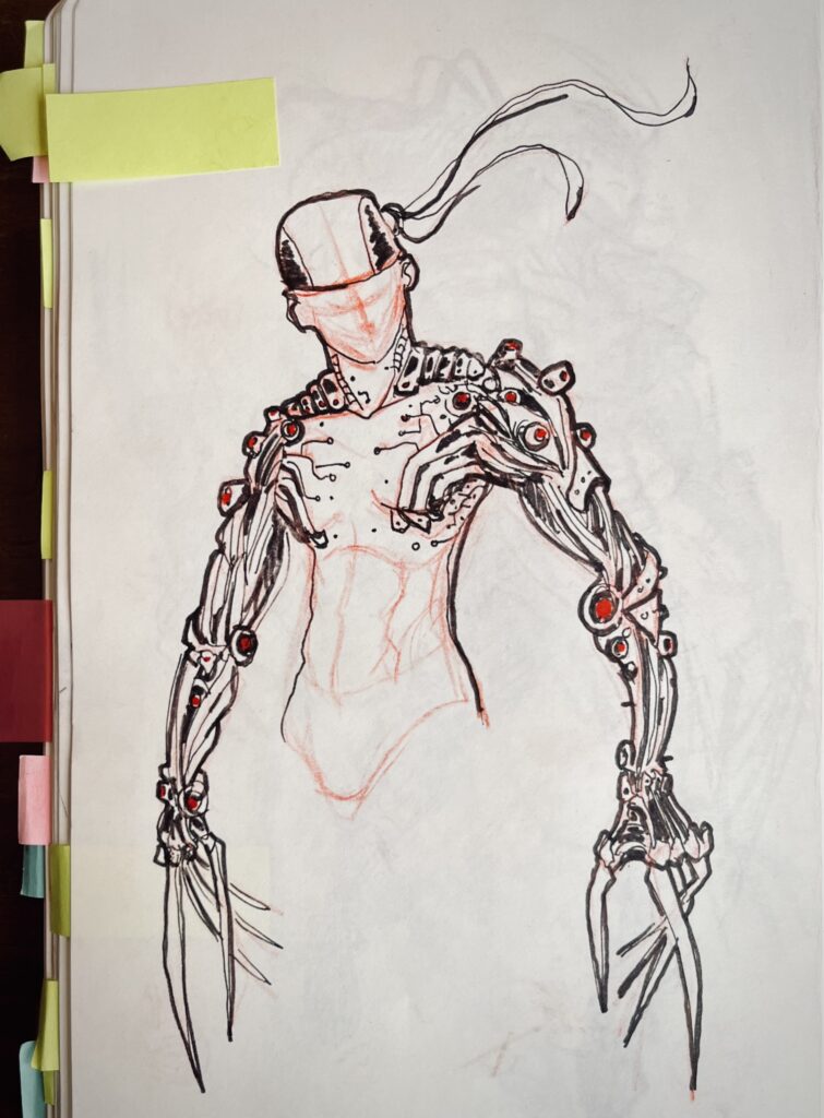 Sketch of the body of the character “Lady Deathstrike”, with her torso only outlined in red pencil, and her biomechanical arms drawn in detail with black and red ink.