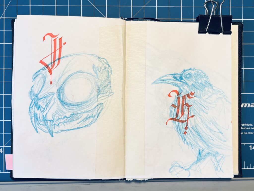 photo of an open sketchbook, with a drawing of a cat's skull on the left page, and a raven on the right page. Both in blue pencil, with gothic-style letters drawn over them in red calligraphy pen.