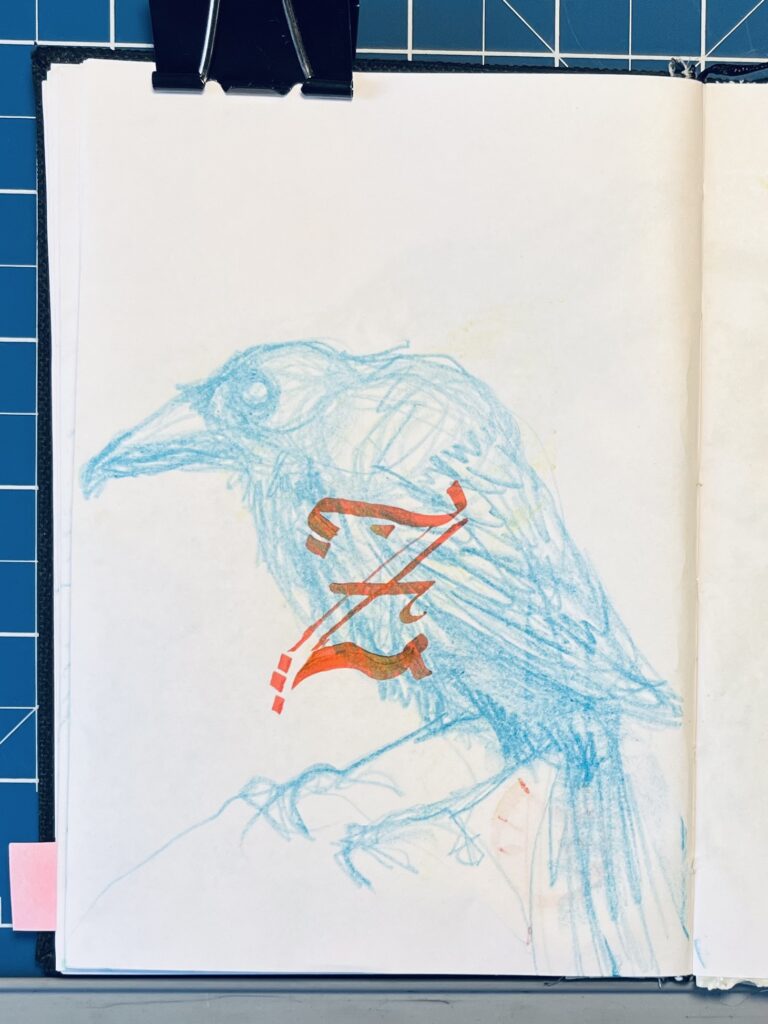 Page from a sketchbook, with drawings of crows in blue pencil, with gothic-style letters drawn over them.