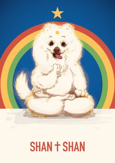 Illustration of a white dog (Spitz breed) sitting in a lotus position, Buddha-style, with a three-colored rainbow in the background, on a blue and white background, with elements of the flag of the state of Pernambuco (Brazil), and the text “Shan Shan” at the bottom.