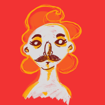 Digital Sketch. Stylized human figure, made with white paint on a red-orange background, with a “Marylin Monroe” hairstyle and a “Freddie Mercury” moustache.