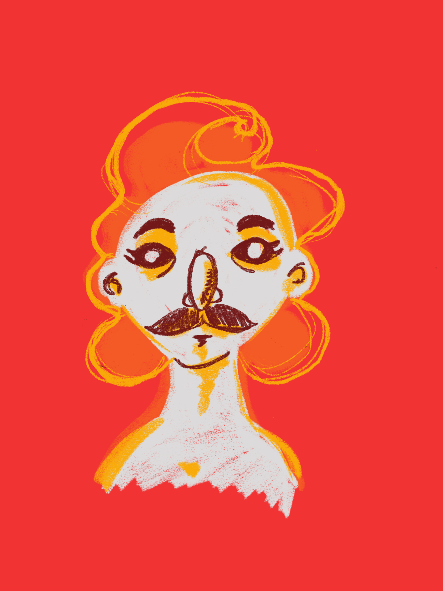 Digital Sketch. Stylized human figure, made with white paint on a red-orange background, with a “Marylin Monroe” hairstyle and a “Freddie Mercury” moustache.