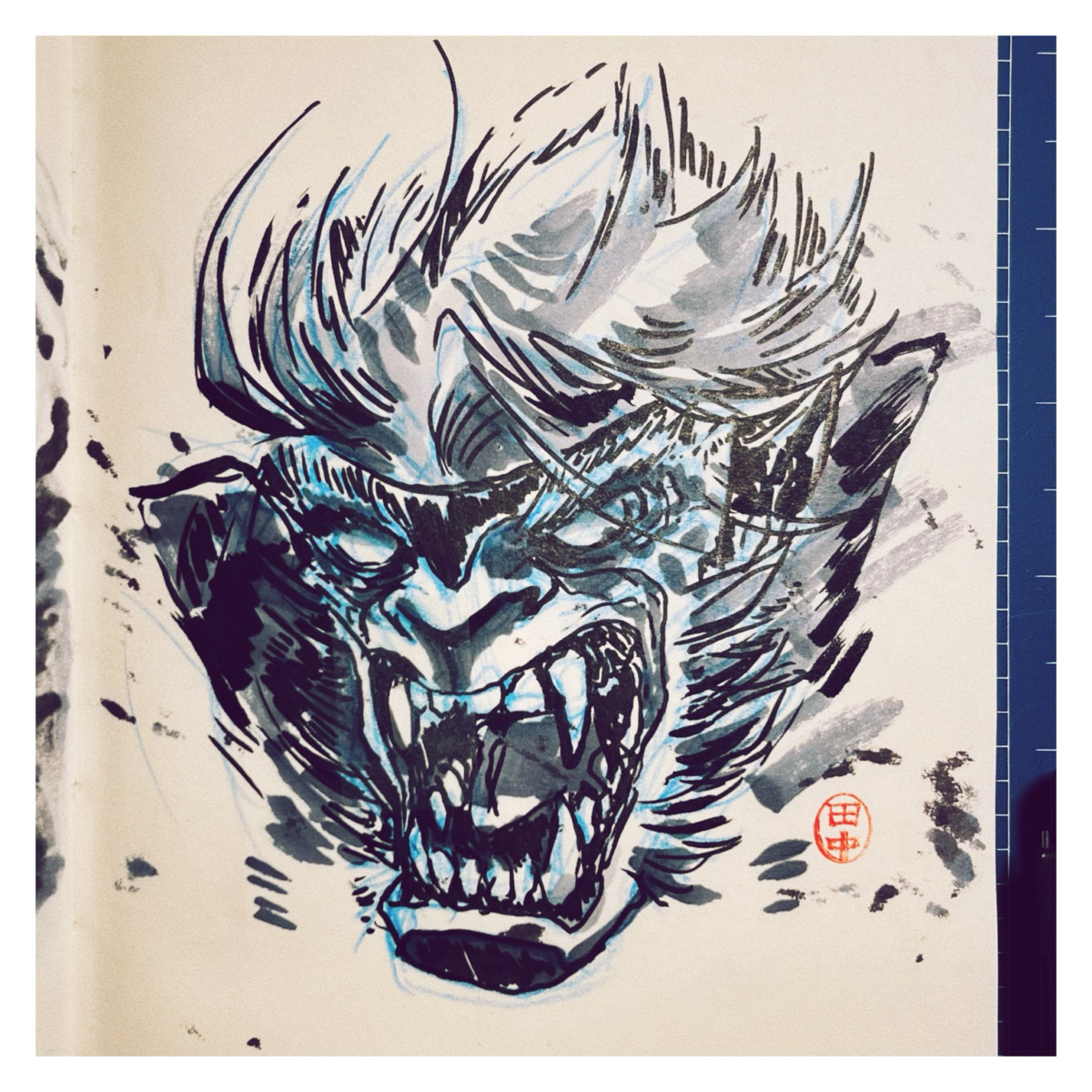 Portrait of the character Sabretooth, made with gray and black markers on white paper.