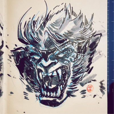 Portrait of the character Sabretooth, made with gray and black markers on white paper.