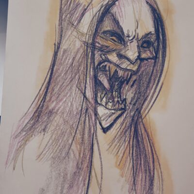 Portrait of a Yurei (female ghost from Japanese folklore) made with colored pencils, using shades of black, purple, green and yellow.