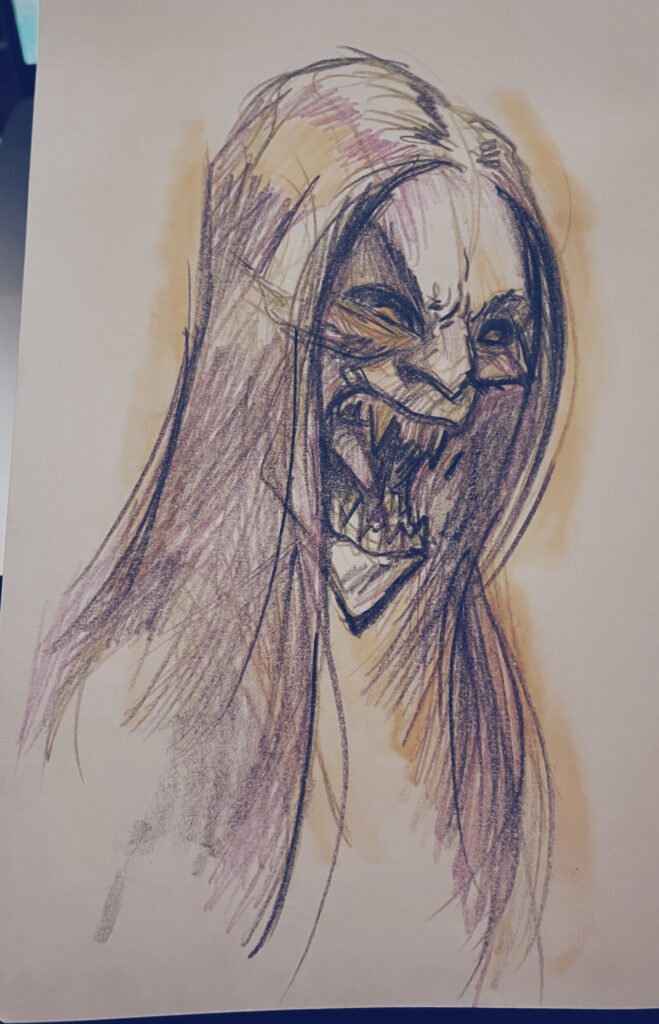 Portrait of a Yurei (female ghost from Japanese folklore) made with colored pencils, using shades of black, purple, green and yellow.