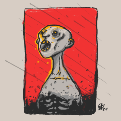 Digital painting. Portrait of a figure resembling a withered corpse on a red background.