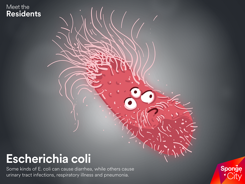 sketch of a character based on bacteria, in cartoon style and vibrant colors, over a blurred background.