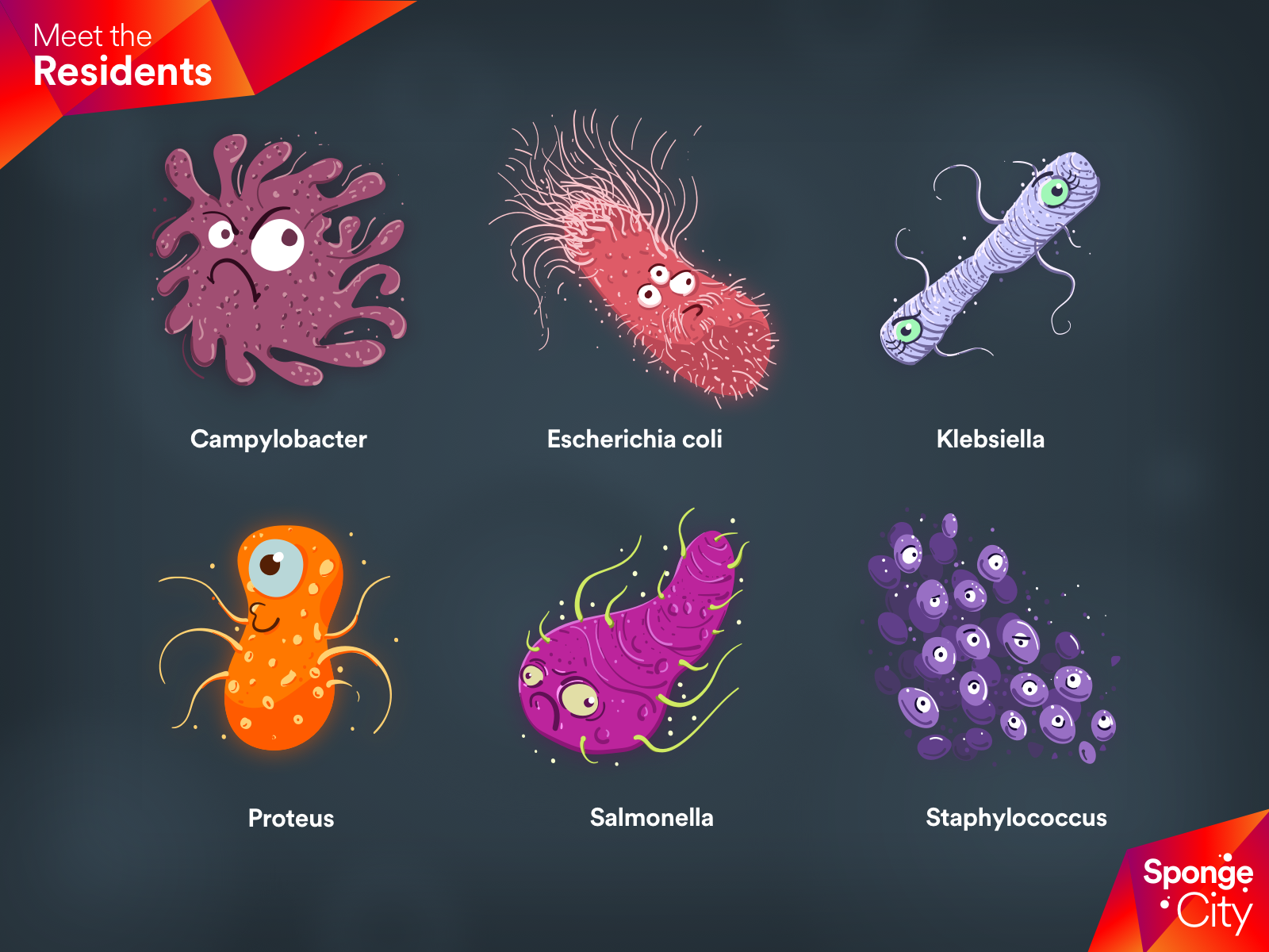 sketch of a group of characters based on bacteria, in cartoon style and vibrant colors, on a blurred background.