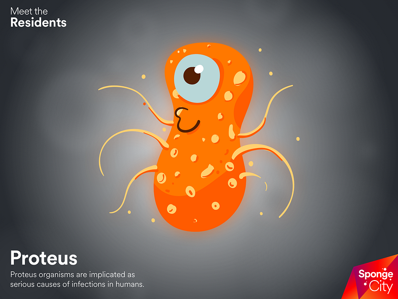 sketch of a character based on bacteria, in cartoon style and vibrant colors, over a blurred background.