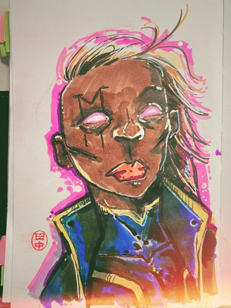 Sketch of the face of the character Shard, from the X-Men, positioned in 3/4 and looking to the right of the image. The drawing is made with freehand strokes and ink blotches, colored in with markers on white paper.