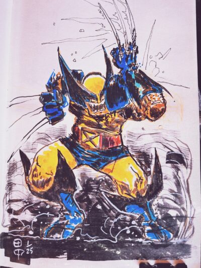 sketch of the comic book character Wolverine, done with black ink and colored markers. The line is very broad, noisy and stylized. The character is in full body, slightly crouched and with his arm raised as if defending himself from an attack.