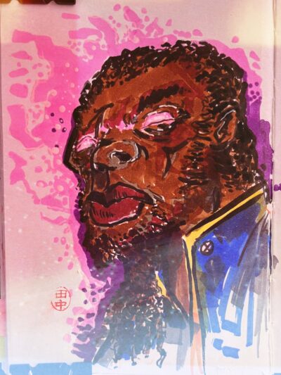 Sketch of the face of the character Bishop, from the X-Men, positioned at 3/4 and looking to the left of the image. The drawing is made with freehand strokes and ink blotches, colored in with markers on white paper.