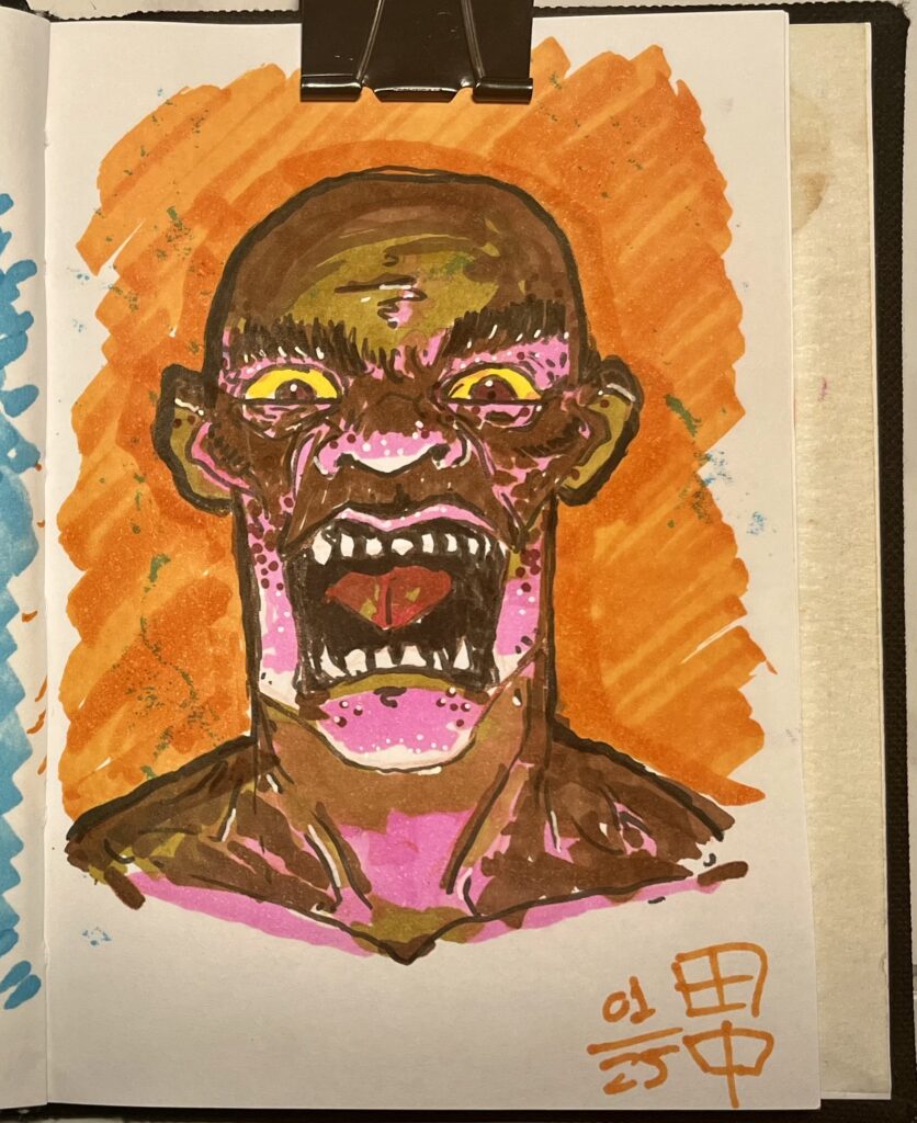 Sketch of a human face, with an open jaw showing teeth, with the light coming from below, in dramatic shades of pink and brown, on an orange background. Made using markers on white paper.