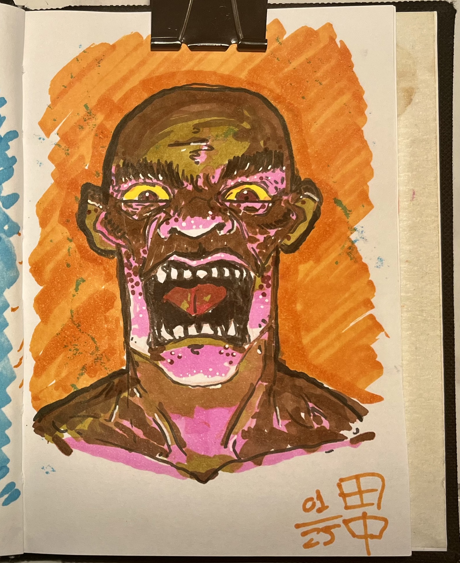 Sketch of a human face, with an open jaw showing teeth, with the light coming from below, in dramatic shades of pink and brown, on an orange background. Made using markers on white paper.