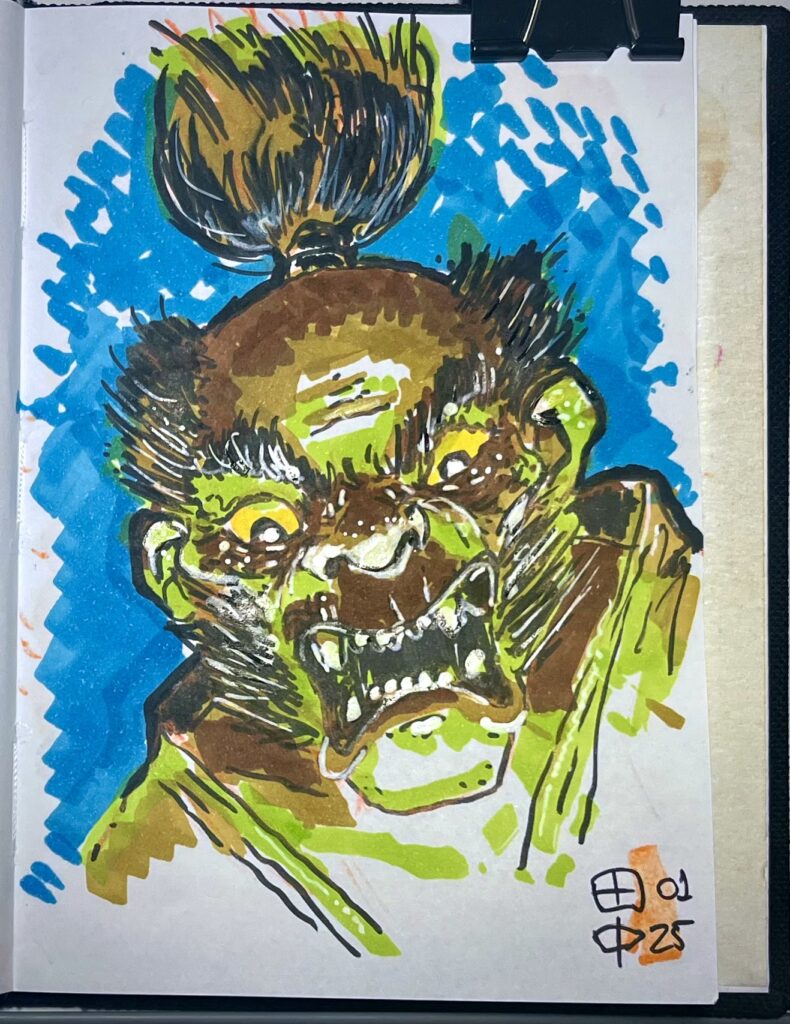 Sketch of a samurai face, with an open jaw, snarling, with the light coming from below, in dramatic shades of bright green and brown, on a navy blue background. Made using markers on white paper.