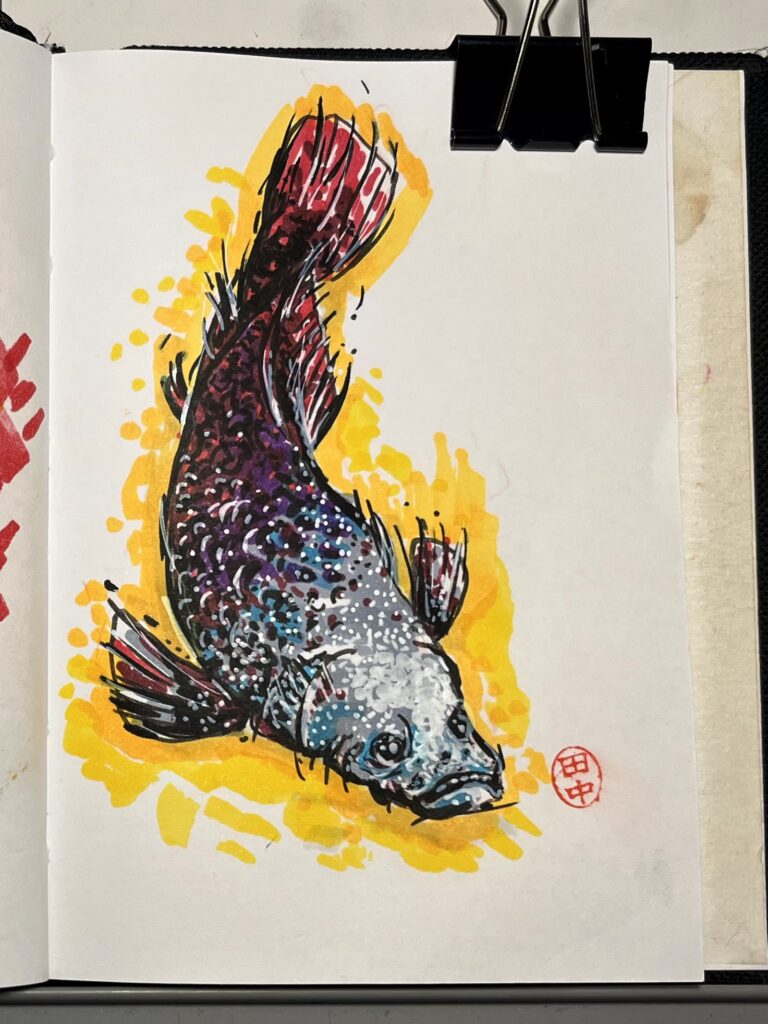 sketch of a pirarucu fish, made with markers in shades of gray, ochre and red, using irregular strokes and ink blots, against a background of yellow tones.