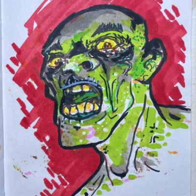 sketch of a face looking from above the viewer, with the light coming from below, their expression is of terror. Shades of green and red, done with markers, using irregular strokes and smudges.