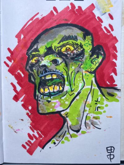 sketch of a face looking from above the viewer, with the light coming from below, their expression is of terror. Shades of green and red, done with markers, using irregular strokes and smudges.