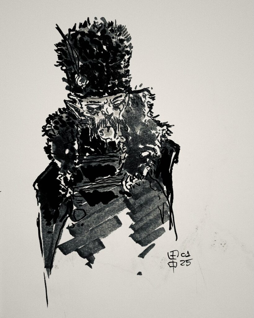 sketch of the character “Count Orlok” from the 2024 film Nosferatu, made with black and dark gray markers on white paper.